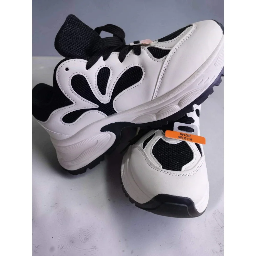 Memory Foam Chunky Platform Sneakers Womens 8 Wide Black White Floral Cutout